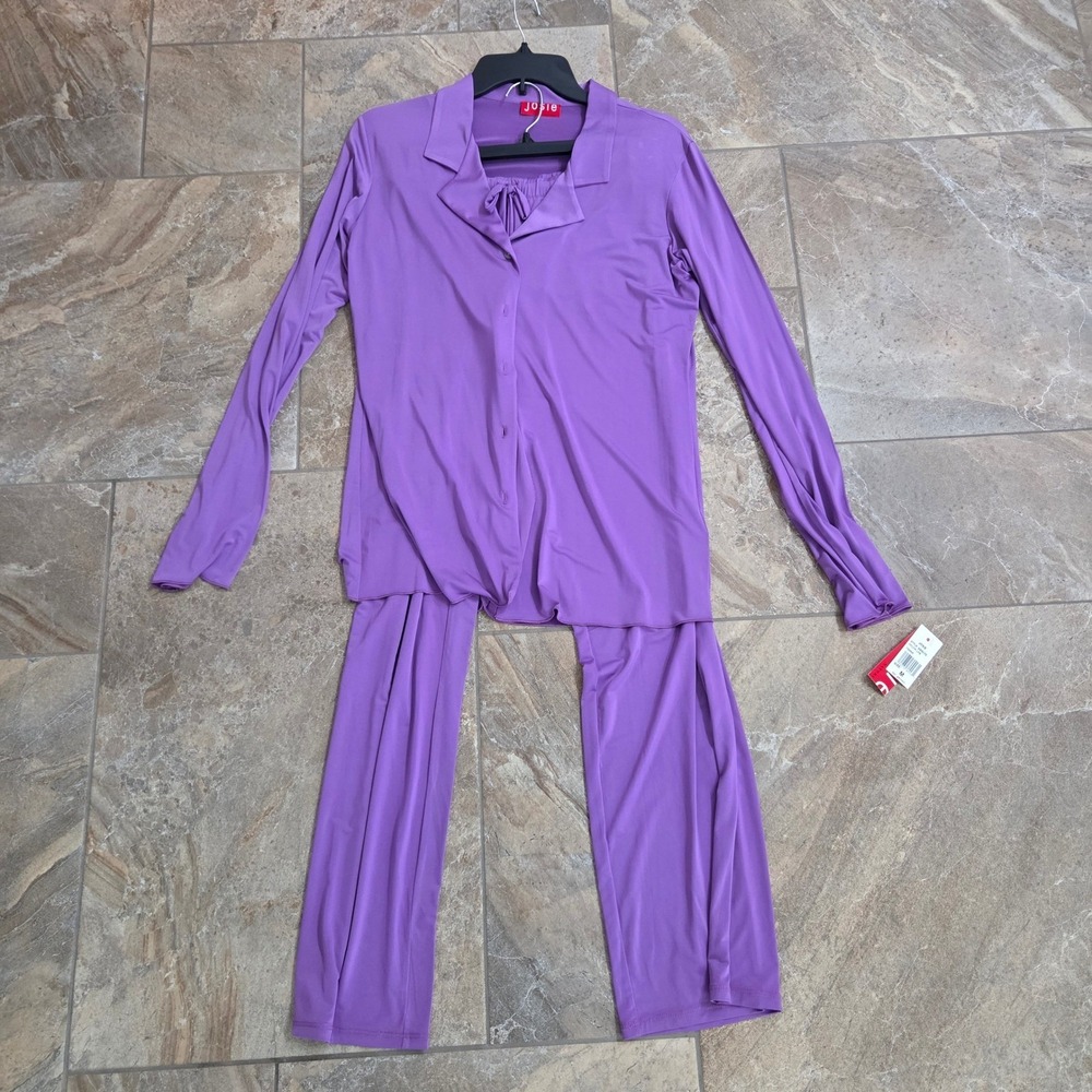 NWT‎ Josie Femme Slinky Notch PJ Set Purple Long Sleeve Pajamas V96075 Medium
